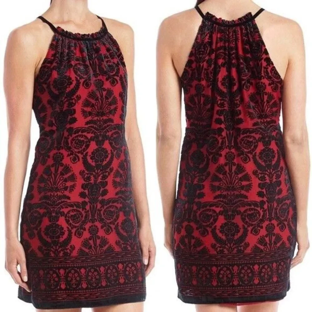 Red Black Womens Damask Dress Size M Velvet Ornate Cocktail Romantic Tapestry - Picture 2 of 15